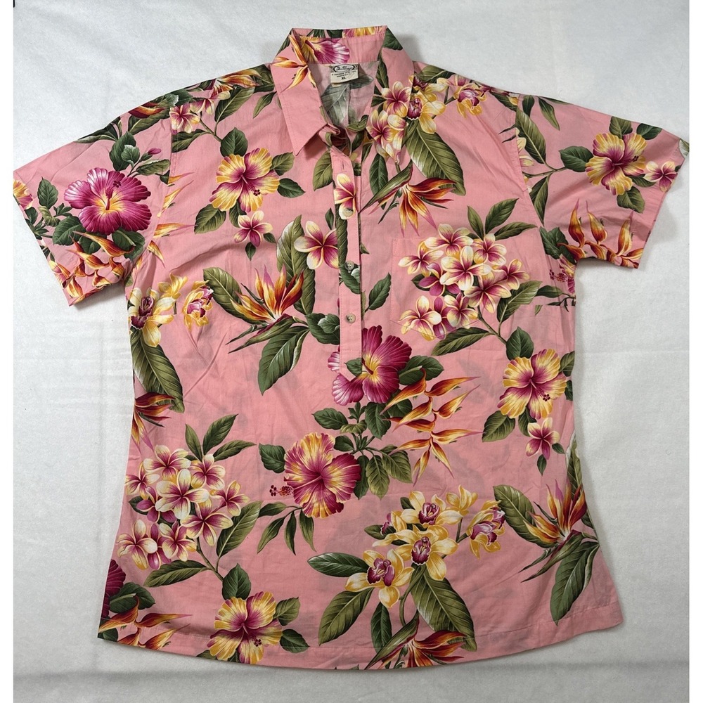Go Barefoot Womens Size XL Hawaiian Shirt 5 Button Pullover Pink Floral USA